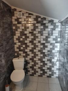 a bathroom with a toilet and a tile wall at Ouranoupolis View Point in Ouranoupoli