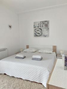 een witte slaapkamer met 2 bedden en een schilderij aan de muur bij Apartments Marija Anchor in Zadar