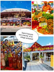 un collage de imágenes de un mercado con frutas y hortalizas en bungalow tout confort avec piscine à 5 mn de la mer, en Saint-François