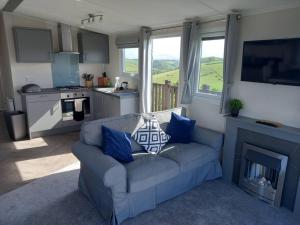 a living room with a couch and a fireplace at Valley View - panoramic views of Rame in Torpoint