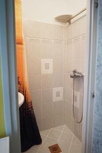 a bathroom with a shower and a sink at Dia Apartman Pécs in Pécs