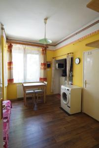 een woonkamer met een tafel en een wasmachine bij Dia Apartman Pécs in Pécs