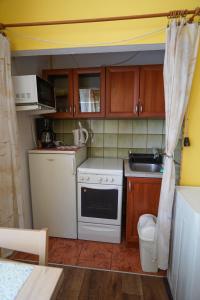 a small kitchen with a white stove and a sink at Dia Apartman Pécs in Pécs
