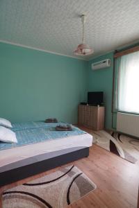 een slaapkamer met een bed, een raam en een ventilator bij Dia Apartman Pécs in Pécs