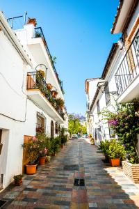 eine leere Straße mit Topfpflanzen und Gebäuden in der Unterkunft Bermeja Village in Marbella