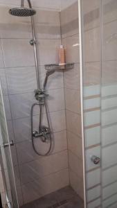 um chuveiro numa casa de banho com uma porta de vidro em La casa di mezzo em Roda