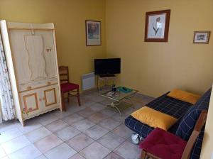 ein Wohnzimmer mit einem Sofa und einem TV in der Unterkunft Anduze Gîte Les Pins au "Petit Clos des Cigales" in Massillargues-Attuech