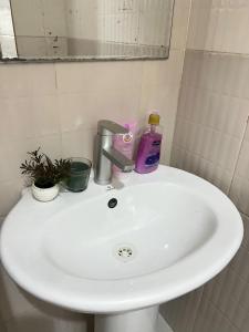 a bathroom sink with a bottle of soap and a soap dispenser at Comfort Oasis in Dar es Salaam