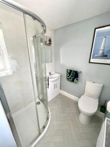 a white bathroom with a shower and a toilet at The Arch Accommodation in Carrick-on-Suir