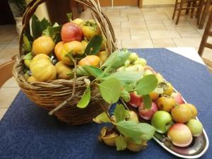 una cesta de fruta en una mesa con una mesa azul en Agriturismo Vemi, en Santa Sofia dʼEpiro