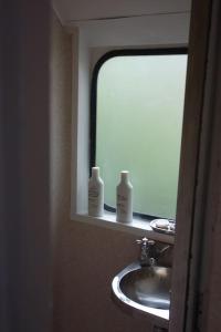 a bathroom with a sink and a mirror with two bottles at Tiny House Train-Eco stay in Upper Hutt