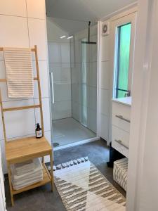 a bathroom with a shower with a glass door at Daalders Plakkie in Elahuizen