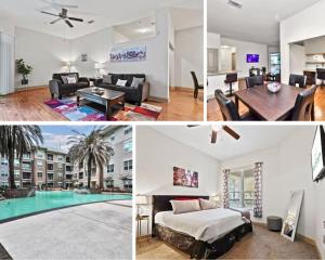 a collage of photos of a apartment at Stylish Open Concept Apt with King Bed, walking distance from NRG Texans Stadium, 1 mile to Med Center, Free Parking in Houston