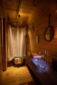 a bathroom with a sink in a log cabin at Cabañas Chalets Piedra Alta Zacatlan in Camotepec