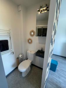 uma casa de banho com um WC branco e um lavatório. em Studio petit plus gaming ! em Calais