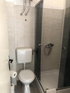 a small bathroom with a toilet and a shower at Apartments by the sea Zivogosce - Porat, Makarska - 21141 in Živogošće