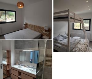 two pictures of a bedroom with a bed and a sink at villa bois flottés in Le Verdon-sur-Mer +12 photos
