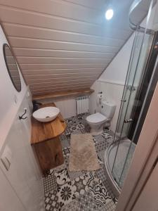 La salle de bains est pourvue de 2 lavabos et d'une douche. dans l'établissement Cabanówka, à Hoczew