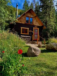 una baita con una porta rossa e alcuni fiori di Pioneer Guest Cabins a Crested Butte
