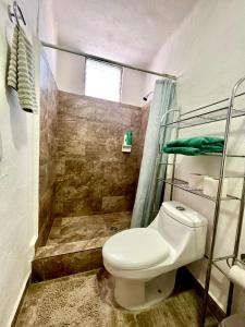 a bathroom with a toilet and a shower at beautiful apartment with the best location in Puerto Vallarta