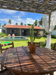 a wooden table with a cactus sitting on top of it at Casa Palma in São Miguel do Gostoso