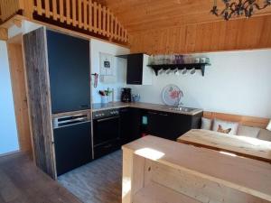 a kitchen with black cabinets and a counter top at Roßweid hut with a fantastic view in Stans