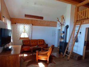 a living room with a couch and a bunk bed at Roßweid hut with a fantastic view in Stans