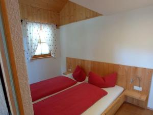 a bedroom with two beds with red pillows and a window at Roßweid hut with a fantastic view in Stans