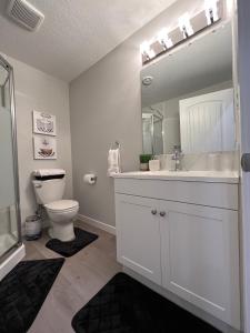 a bathroom with a toilet and a sink and a mirror at Private Cozy Secondary Suite, 2 Bedrooms, Separate Entrance in Calgary
