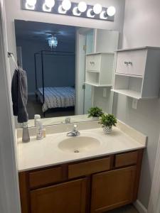 a bathroom with a sink and a mirror at Full house charm mins frm DT Raleigh, NC State University in Raleigh