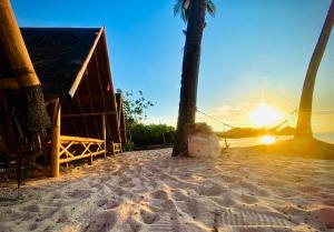 a house on the beach with a hammock and palm trees at Redang Campstay Bamboo House in Redang Island