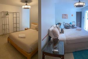 een slaapkamer met 2 bedden en een kamer met een tafel bij Mayagüez Apt- up to 4 guests- Close to Everything in Mayaguez
