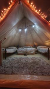um quarto com uma tenda com 2 camas e um tapete em Glamping Dunas del sol em San Pedro de Atacama