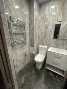 a bathroom with a toilet and a sink and a shower at Apartment in Monument in Yerevan +25 photos