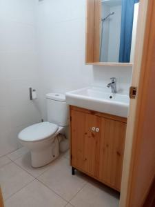 een badkamer met een toilet, een wastafel en een spiegel bij Barcelona Beach in Vilanova i la Geltrú