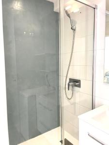 a shower with a glass door in a bathroom at Studio vue mer exceptionnelle proche métro et bus in Marseille