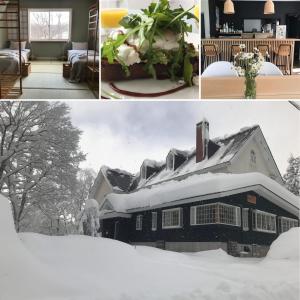 quatro fotos de uma casa coberta de neve em Myoko Forest Lodge em Myoko