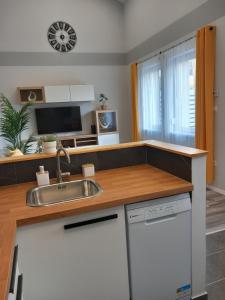 a kitchen with a sink and a counter at Gemini Apartman in Esztergom