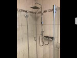 a bathroom with a shower with a glass door at Landhaus Saterland Ferienwohnung NEU Emsland Ostfriesland Nordsee in Sedelsberg +25 photos
