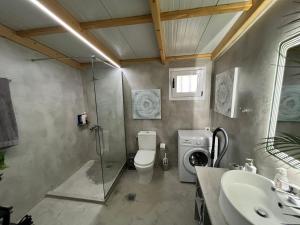 a bathroom with a shower and a toilet and a sink at Attic View in Loutsa
