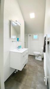 a white bathroom with a sink and a toilet at Beachhouse Veluwemeer mit großem Garten in Strandnähe (inkl. Hallenbadnutzung) in Hulshorst
