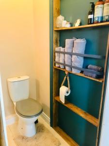 a bathroom with a toilet and a shelf with towels at Wild Atlantic Stay Guest House Self-Catering in Galway