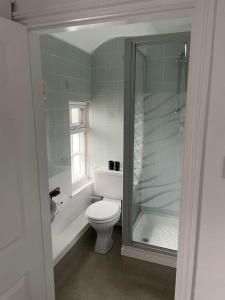 a bathroom with a toilet and a glass shower at OYO The Billingford Horseshoes in Scole