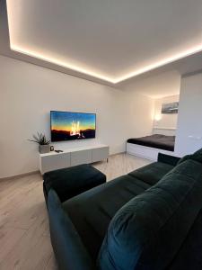 uma sala de estar com um sofá e uma televisão de ecrã plano em T3 apartment Self Check-in em Klaipėda