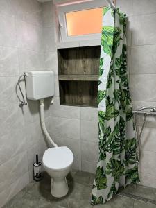 a bathroom with a toilet and a shower curtain at PINGO 1 in Despotovac