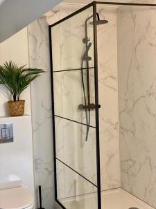 La salle de bains est pourvue d'une douche avec une porte en verre. dans l'établissement Guesthouse at the Amstel river with 2BR 2BA and garden, à Amstelveen