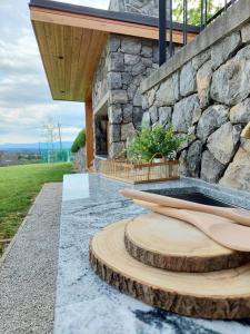 a stone house with a wooden cutting board on a counter at Vineyard cottage Lan na Hribu in Semič