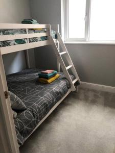 a bunk bed with a ladder next to a window at New 2 bedroom first floor apartment close to beach in Southbourne
