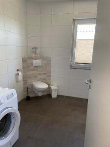La salle de bains est pourvue de toilettes et d'un lave-linge. dans l'établissement Störtebeker 13, à Gnies