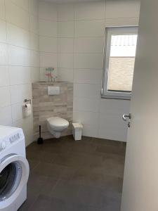 a bathroom with a toilet and a washing machine at Störtebeker 7 in Gnies